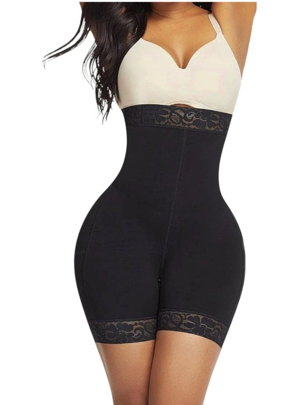 Black Lace-Trim High-Waist Seamless Shaper Shorts Curves Shaper Butt Lifter